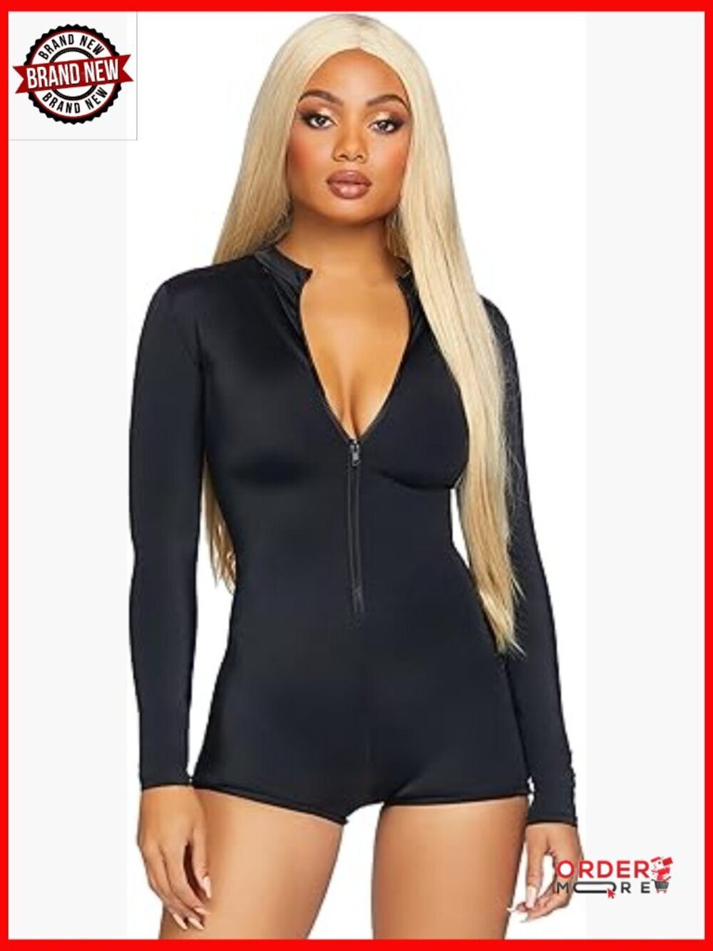 Long Sleeve Zipper Front Romper, Slim Fit, Faux Leather, Halloween Costume